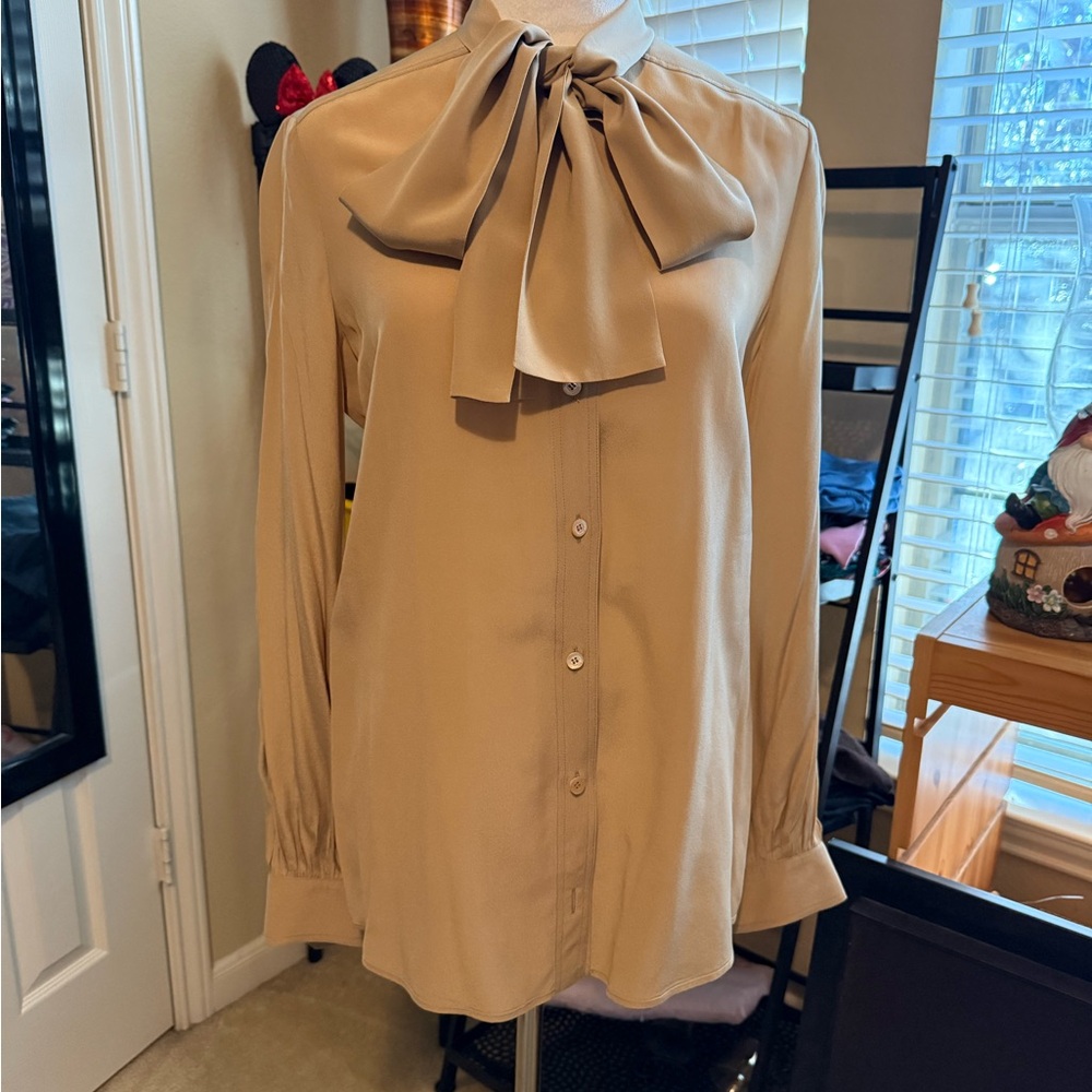 Gucci Uniform Tan Silk Bow Tie Blouse